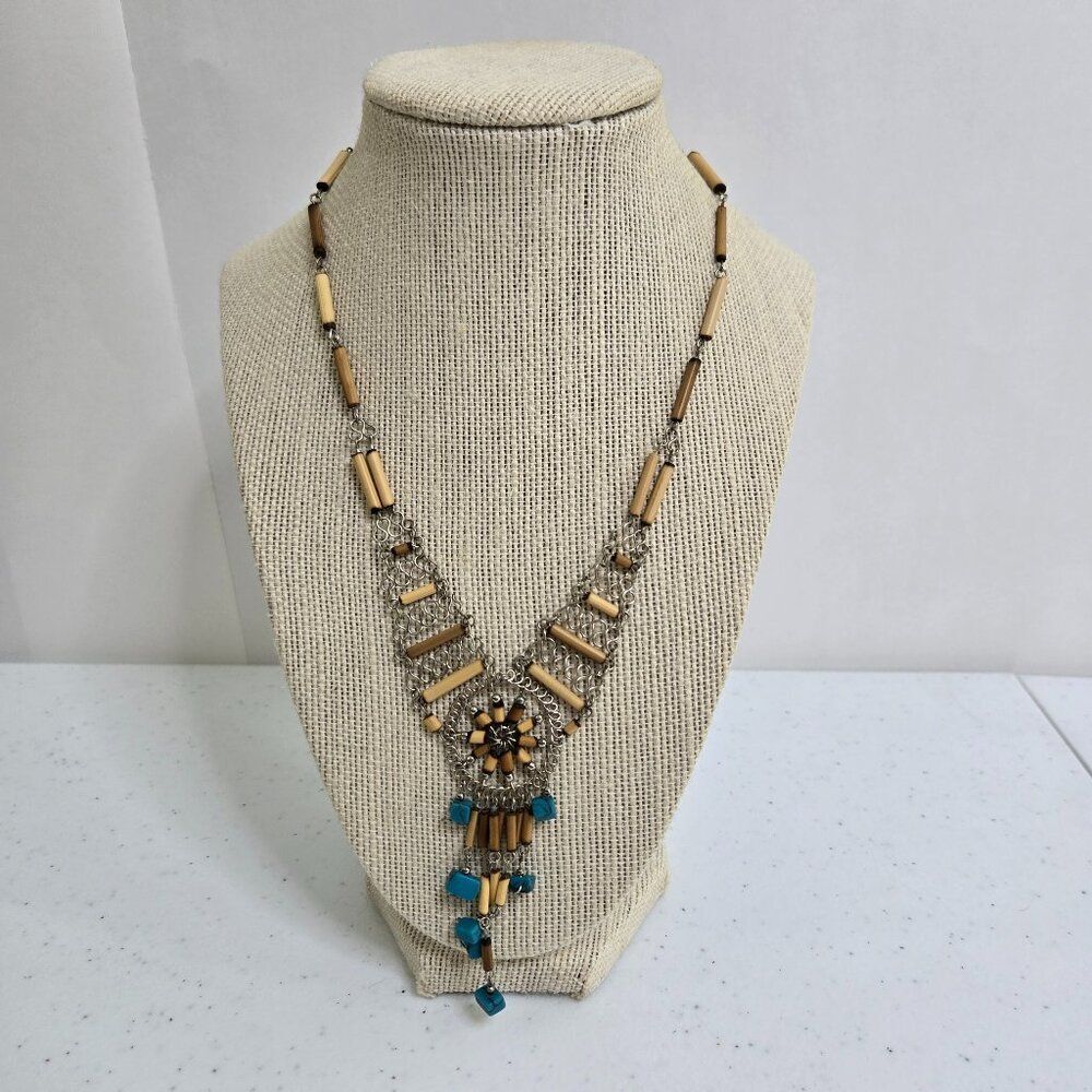 Peruvian Necklace Bamboo Boho Wire Wrapped Blue Tan Vintage Fringe Southwestern
